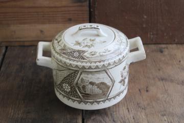 catalog photo of antique brown transferware china biscuit jar or large sugar bowl 1800s vintage aesthetic design