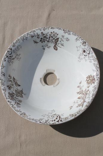 photo of antique brown transferware china, large shallow bowl lids / wash set covers #8