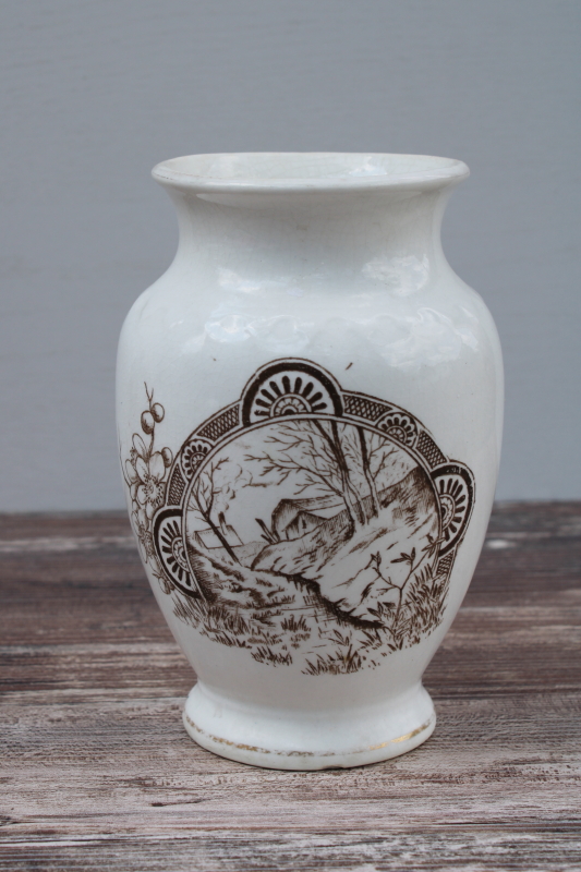 photo of antique brown transferware ironstone china vase or toothbrush holder, old barns landscape early 1900s vintage #1