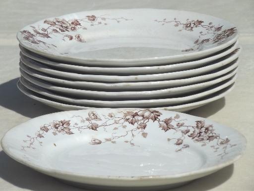 photo of antique brown transferware plates, English Staffordshire ironstone china #6