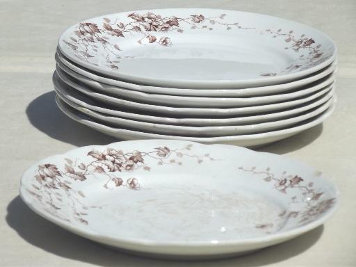 photo of antique brown transferware plates, English Staffordshire ironstone china #9