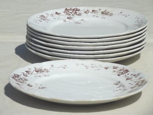 photo of antique brown transferware plates, English Staffordshire ironstone china #12