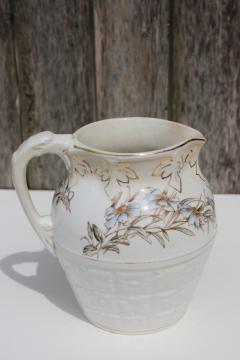 catalog photo of antique browned china pitcher blue brown daisies floral, shabby vintage cottage chic