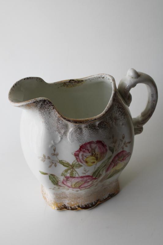 photo of antique browned china pitcher w/ pink tulips floral, shabby vintage cottage chic #2