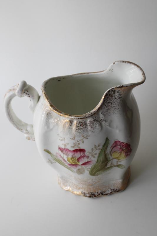 photo of antique browned china pitcher w/ pink tulips floral, shabby vintage cottage chic #3