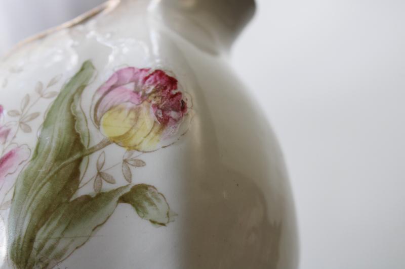 photo of antique browned china pitcher w/ pink tulips floral, shabby vintage cottage chic #7