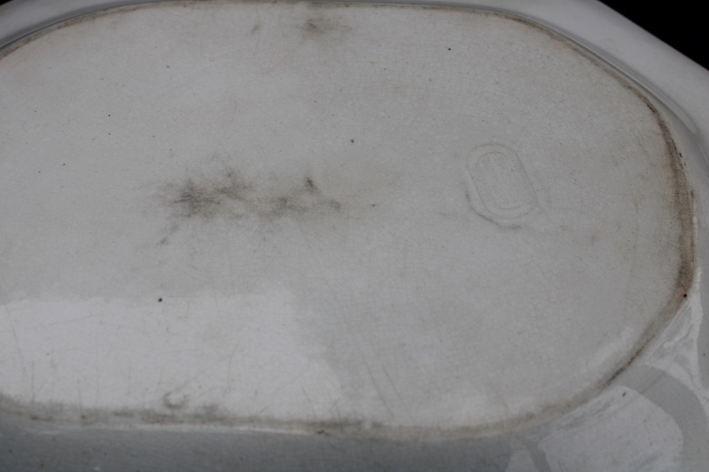 photo of antique browned stained white ironstone china, octagonal platter w/ 1800s vintage English marks #6