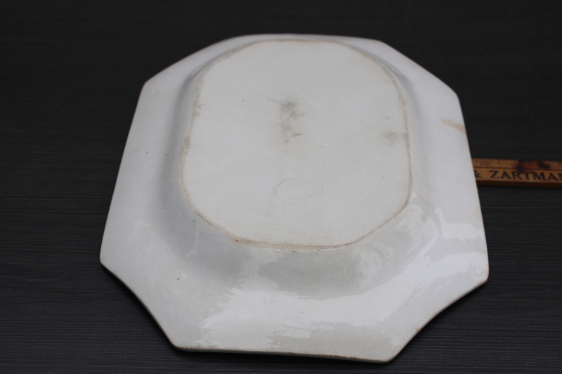 photo of antique browned stained white ironstone china, octagonal platter w/ 1800s vintage English marks #8