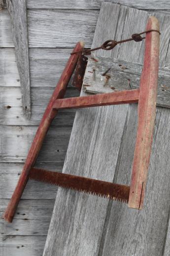 photo of antique buck saw, wood frame hand saw w/ 28