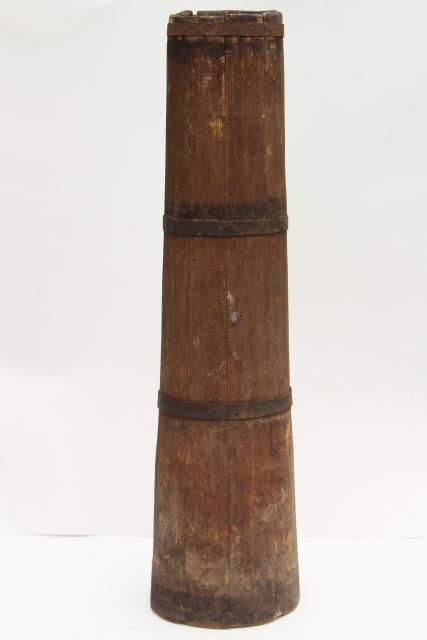 photo of antique butter churn, wood barrel stave churn bucket without dasher, tall skinny shape #1