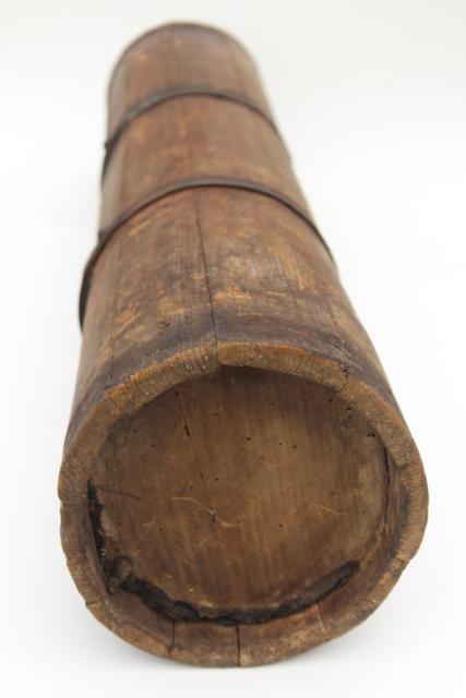 photo of antique butter churn, wood barrel stave churn bucket without dasher, tall skinny shape #3