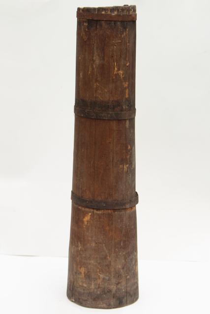 photo of antique butter churn, wood barrel stave churn bucket without dasher, tall skinny shape #7