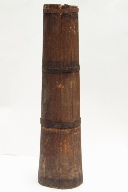 photo of antique butter churn, wood barrel stave churn bucket without dasher, tall skinny shape #8