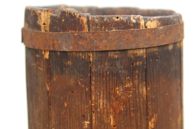 photo of antique butter churn, wood barrel stave churn bucket without dasher, tall skinny shape #10