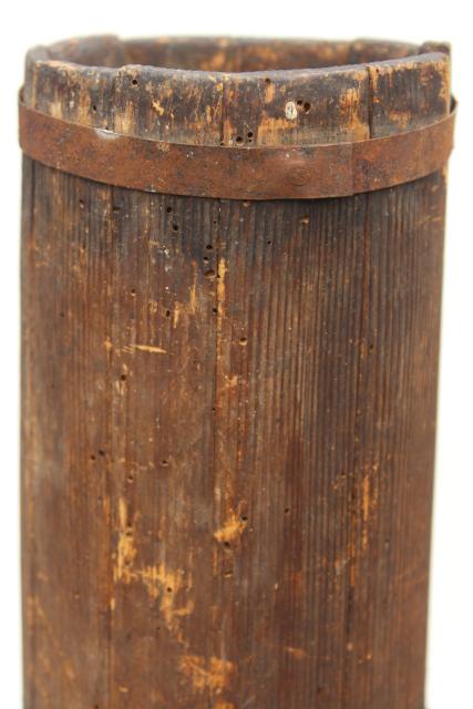 photo of antique butter churn, wood barrel stave churn bucket without dasher, tall skinny shape #11