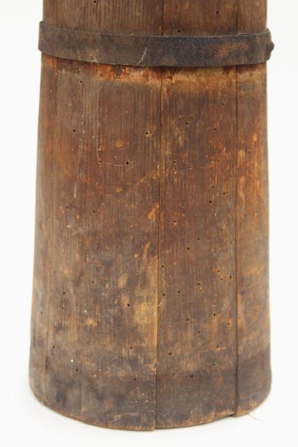 photo of antique butter churn, wood barrel stave churn bucket without dasher, tall skinny shape #12