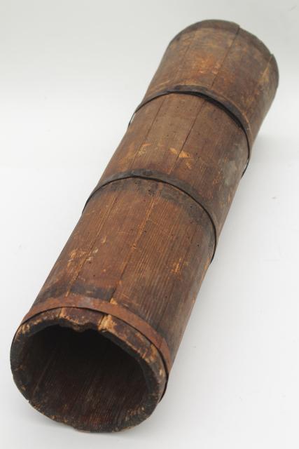 photo of antique butter churn, wood barrel stave churn bucket without dasher, tall skinny shape #14