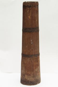 catalog photo of antique butter churn, wood barrel stave churn bucket without dasher, tall skinny shape