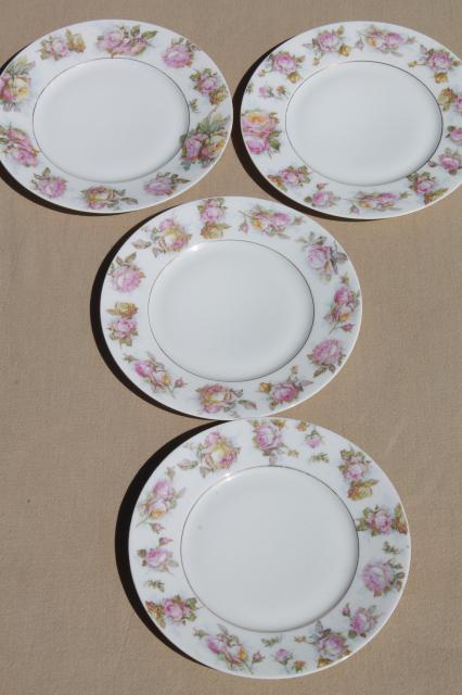 photo of antique cabbage rose border china plates, early 1900s vintage dessert set #1