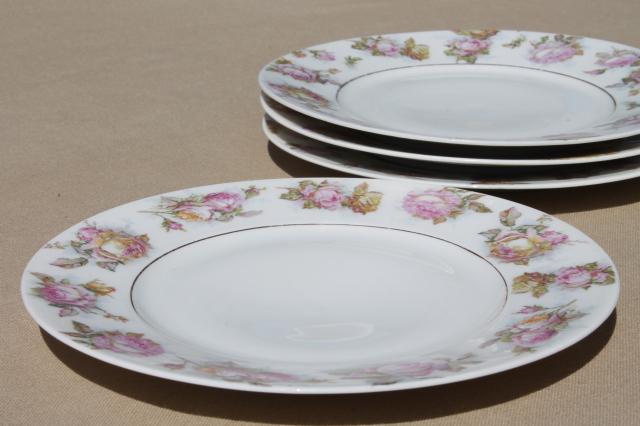 photo of antique cabbage rose border china plates, early 1900s vintage dessert set #4