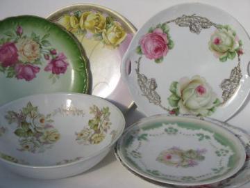 catalog photo of antique cabbage roses china lot, serving bowl, plates, handled servers