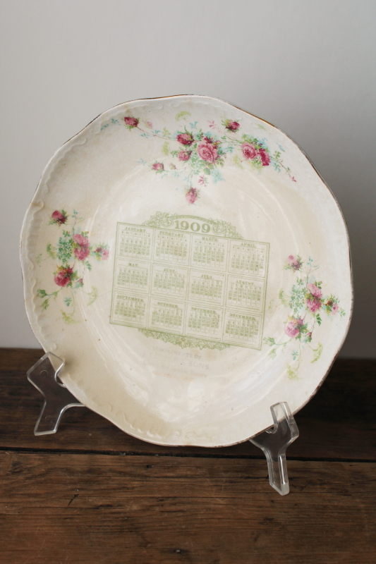 photo of antique calendar plate from 1909 Symco Wisconsin, shabby china brown stained crazing  #1