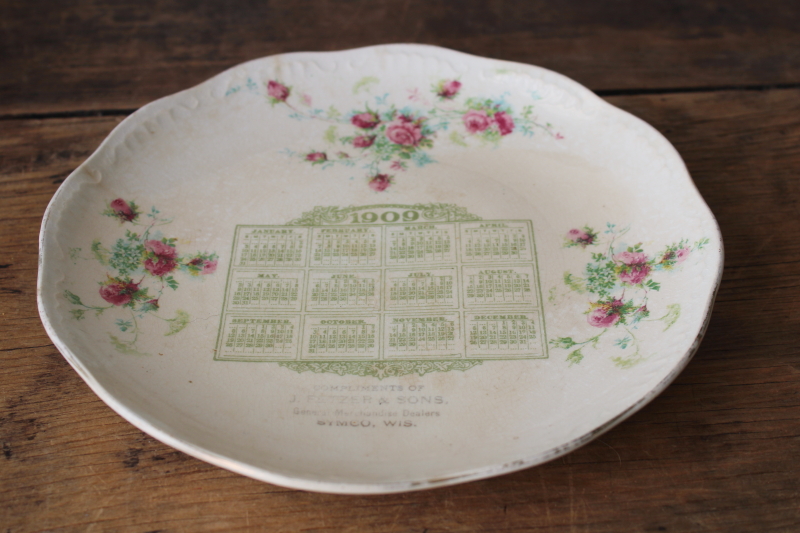 photo of antique calendar plate from 1909 Symco Wisconsin, shabby china brown stained crazing  #2