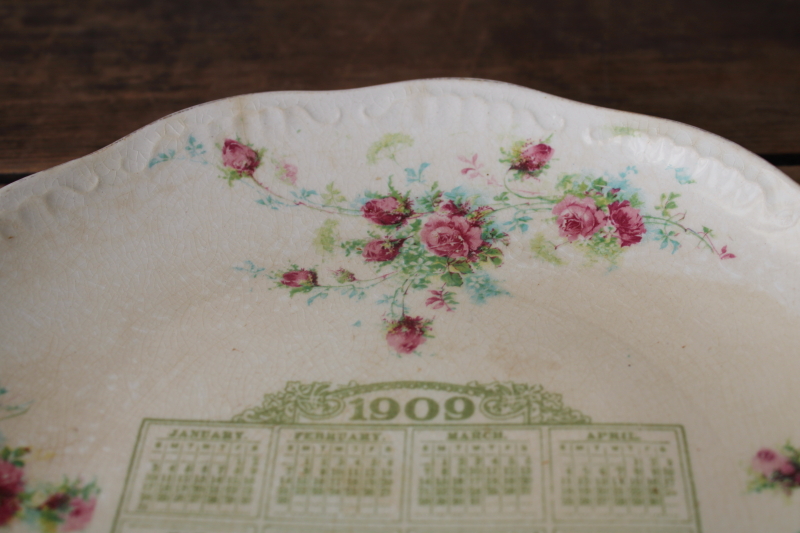 photo of antique calendar plate from 1909 Symco Wisconsin, shabby china brown stained crazing  #3