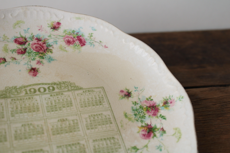 photo of antique calendar plate from 1909 Symco Wisconsin, shabby china brown stained crazing  #4