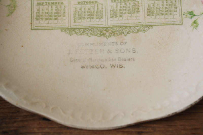 photo of antique calendar plate from 1909 Symco Wisconsin, shabby china brown stained crazing  #5