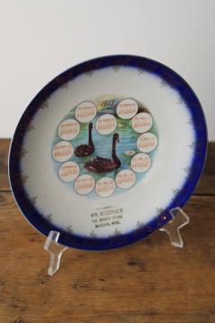 catalog photo of antique calendar plate from 1913 Manawa Wisconsin, black swans w/ flow blue border, shabby stained china 