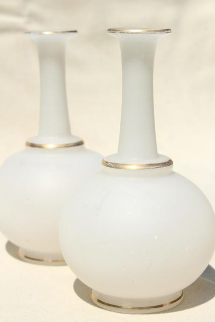 photo of antique camphor glass vases or vanity cologne bottles, white frosted glass w/ gold trim #1