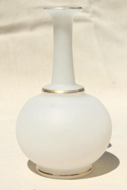 photo of antique camphor glass vases or vanity cologne bottles, white frosted glass w/ gold trim #3