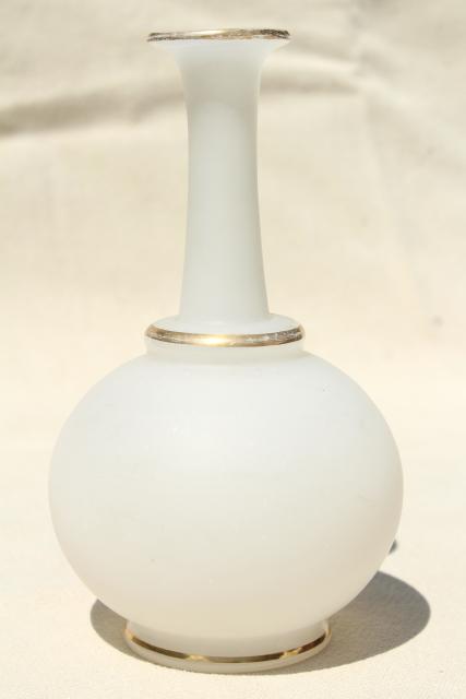photo of antique camphor glass vases or vanity cologne bottles, white frosted glass w/ gold trim #4