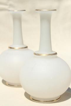 catalog photo of antique camphor glass vases or vanity cologne bottles, white frosted glass w/ gold trim