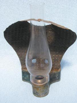 catalog photo of antique camping lantern, old tin reflector Climax lamp, glass shade