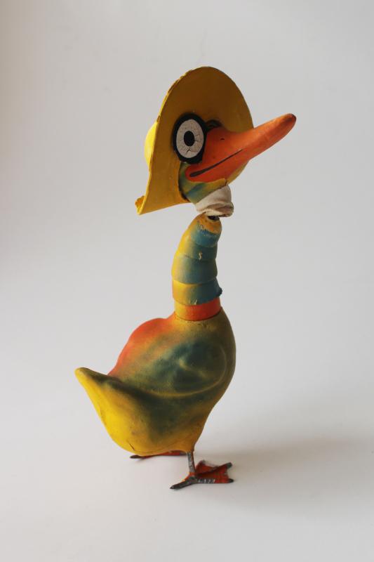 photo of antique candy container funny duck in Easter hat, vintage paper mache composition metal feet #1