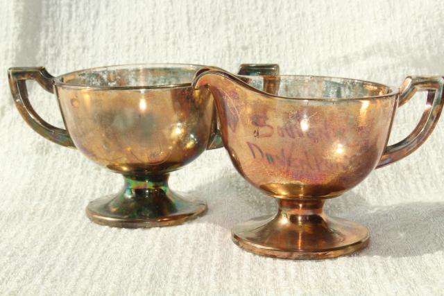 photo of antique carnival glass souvenir Davenport Iowa, cream & sugar w/ worn old rose gold luster #1