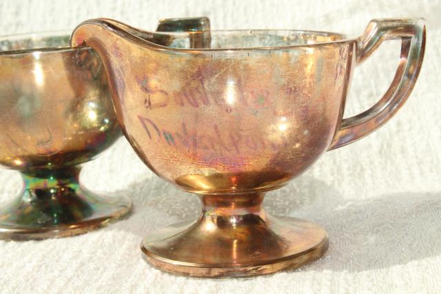 photo of antique carnival glass souvenir Davenport Iowa, cream & sugar w/ worn old rose gold luster #3