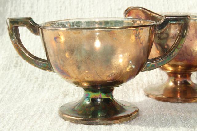 photo of antique carnival glass souvenir Davenport Iowa, cream & sugar w/ worn old rose gold luster #4