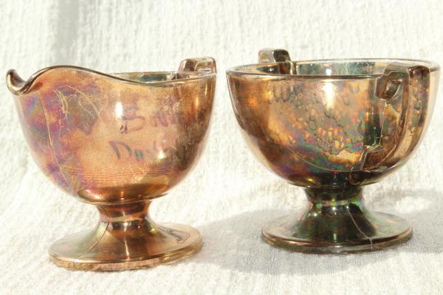 photo of antique carnival glass souvenir Davenport Iowa, cream & sugar w/ worn old rose gold luster #7