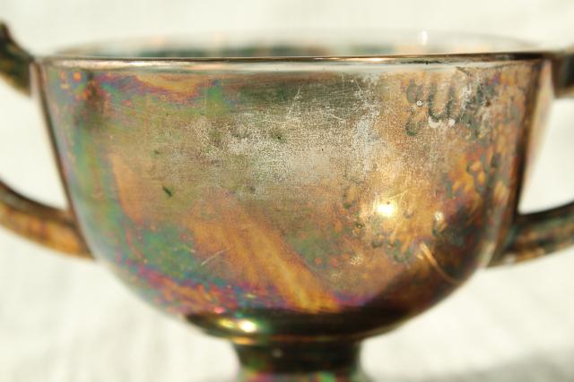 photo of antique carnival glass souvenir Davenport Iowa, cream & sugar w/ worn old rose gold luster #9