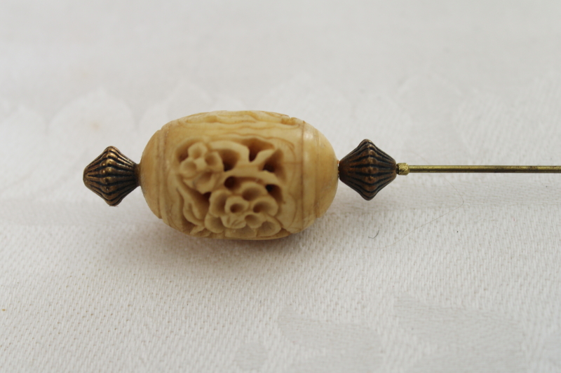 photo of antique carved bone hat pin, long skewer hat pin early 1900s vintage #2