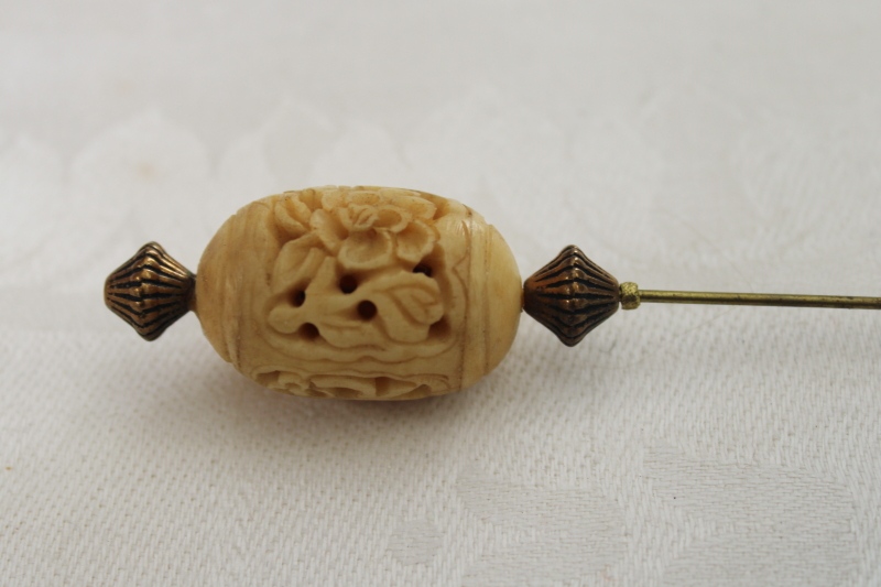 photo of antique carved bone hat pin, long skewer hat pin early 1900s vintage #3