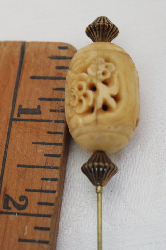 photo of antique carved bone hat pin, long skewer hat pin early 1900s vintage #5