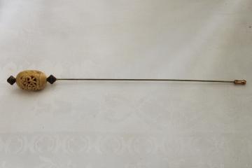 antique carved bone hat pin, long skewer hat pin early 1900s vintage