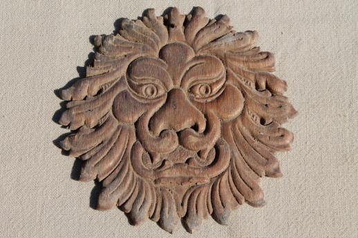 photo of antique carved wood appliques, carved flower garland & embossed lion or dragon face medallion #2