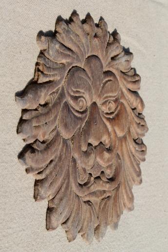 photo of antique carved wood appliques, carved flower garland & embossed lion or dragon face medallion #3