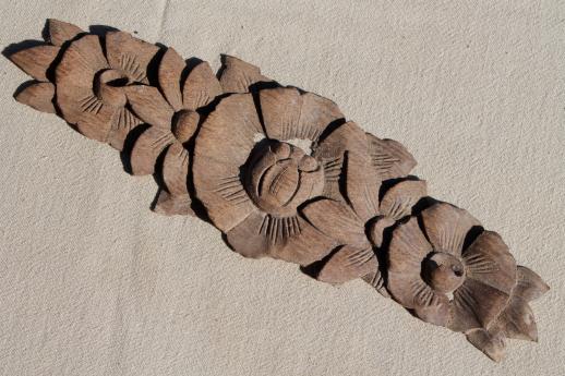 photo of antique carved wood appliques, carved flower garland & embossed lion or dragon face medallion #5