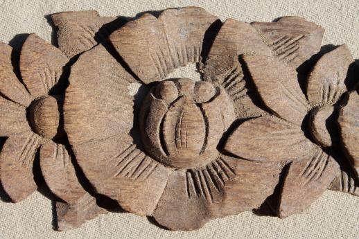 photo of antique carved wood appliques, carved flower garland & embossed lion or dragon face medallion #6